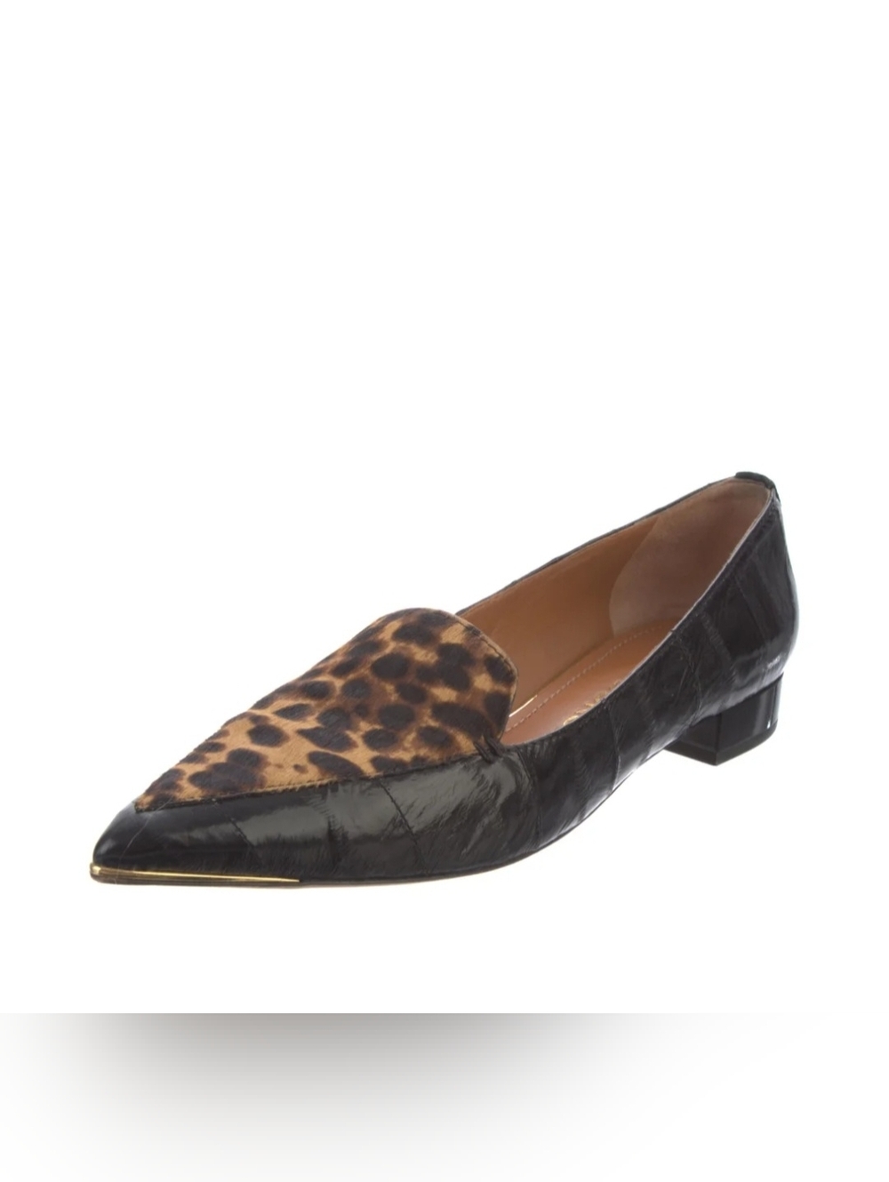 TORY BURCH LILA Black Eel Leather Pointed Toe Loafer with Ponyhair Leopard Sz9